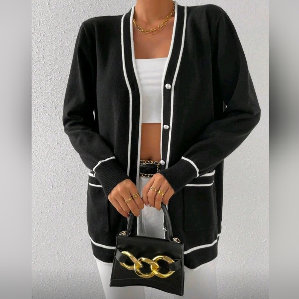 New Chic Contrast Trim Pearl Button Knit Cardigan Sweater Black White